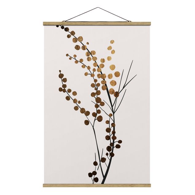 Stoffbild mit Posterleisten - Grafische Pflanzenwelt - Beeren Gold - Hochformat 2:3