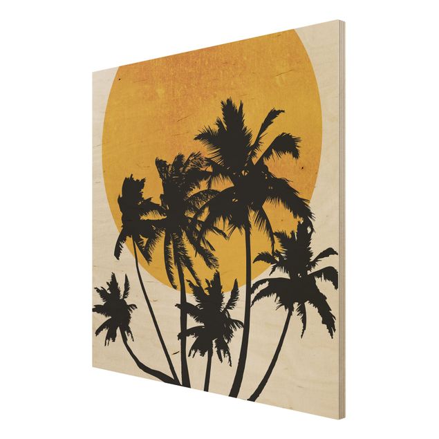 Moderne Holzbilder Palmen vor goldener Sonne