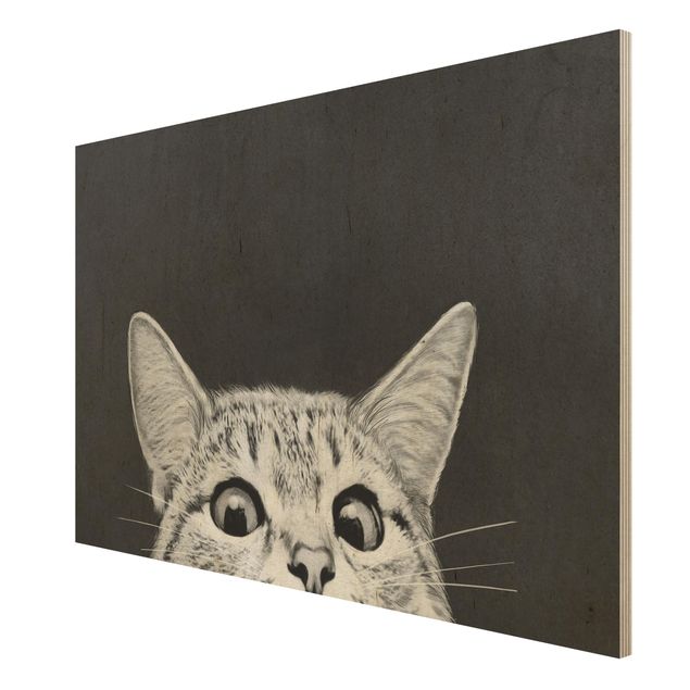 Holzbild - Illustration Katze Schwarz Weiß Zeichnung - Querformat 2:3