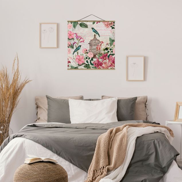 Schöne Wandbilder Shabby Chic Collage - Rosa Blüten und blaue Vögel