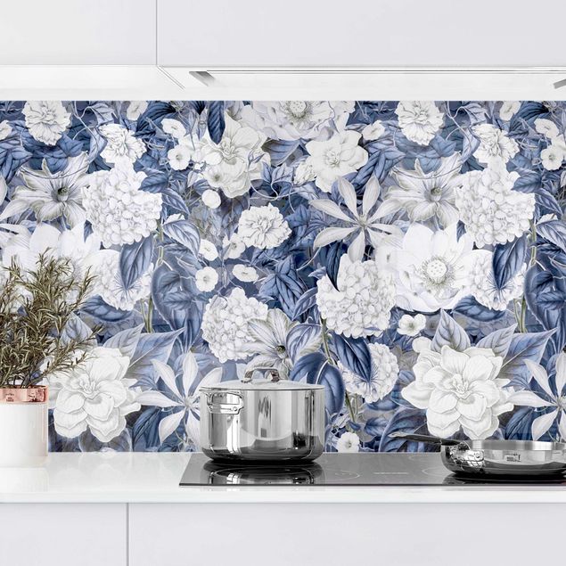 Küchenrückwände Platte Weiße Blumen vor Blau II