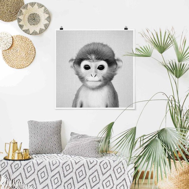 Poster Kinderzimmer Tiere Baby Affe Anton Schwarz Weiß