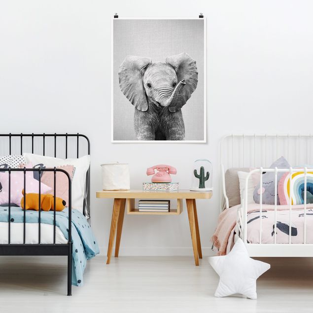 Schwarz-Weiß Poster Baby Elefant Elsa Schwarz Weiß