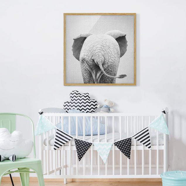 Wandbilder Baby Elefant von hinten Schwarz Weiß