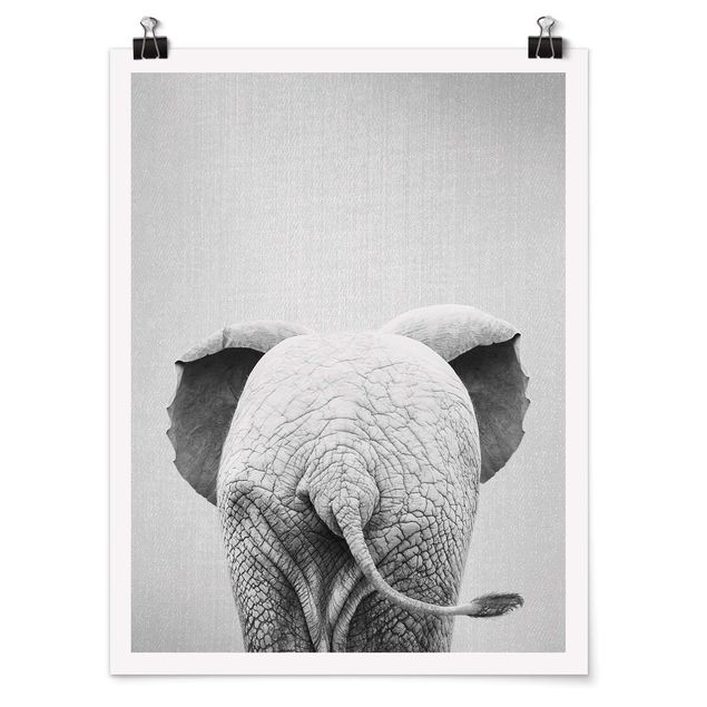 Tierposter Baby Elefant von hinten Schwarz Weiß
