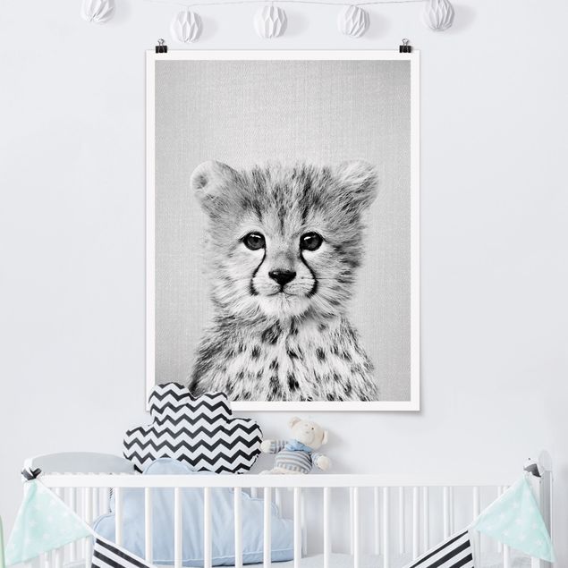 Poster - Baby Gepard Gino Schwarz Weiß - Hochformat 3:4