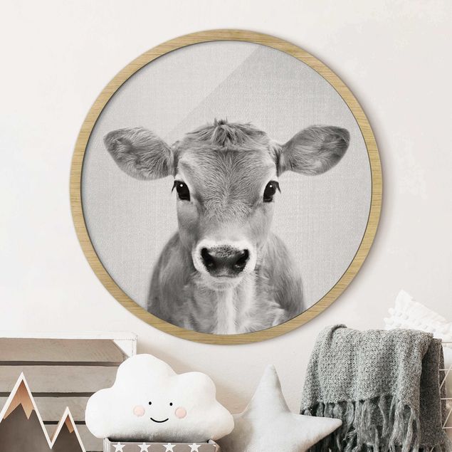 Wandbild rund Baby Kuh Kira Schwarz Weiß