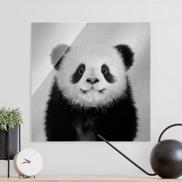 Glasbilder XXL Baby Panda Prian Schwarz Weiß