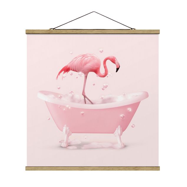 Stoffbild mit Posterleisten - Badewannen Flamingo - Quadrat