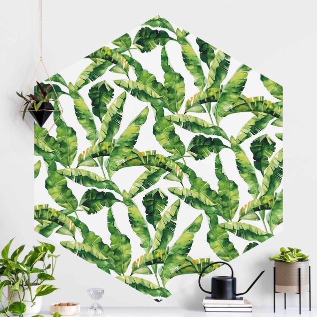 Hexagon Mustertapete selbstklebend - Bananenblatt Aquarell Muster