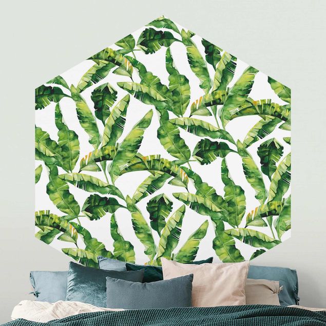 Hexagon Mustertapete selbstklebend - Bananenblatt Aquarell Muster