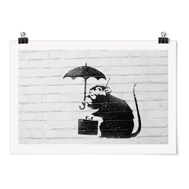 Schwarz-Weiß Poster Ratte mit Regenschirm - Brandalised ft. Graffiti by Banksy