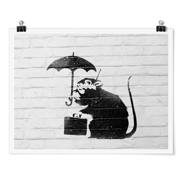 Poster Schwarz-Weiß Ratte mit Regenschirm - Brandalised ft. Graffiti by Banksy