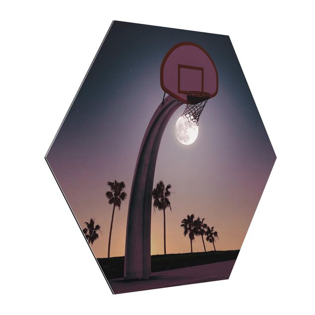 Hexagon-Alu-Dibond Bild - Basketball mit Mond