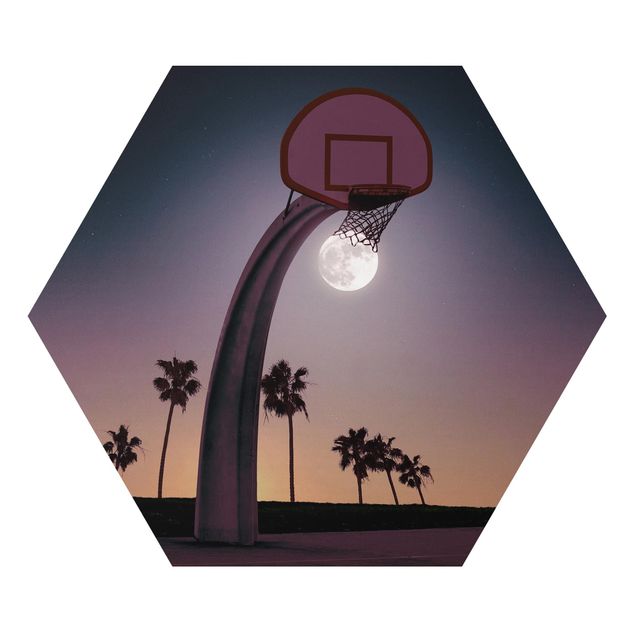 Hexagon-Alu-Dibond Bild - Basketball mit Mond