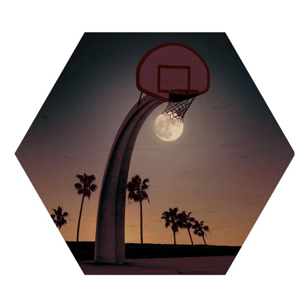 Hexagon Bild Holz - Basketball mit Mond