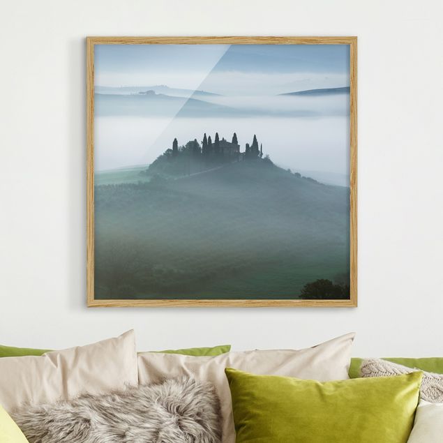 Landschaftsbilder mit Rahmen Bauernhaus im Nebel