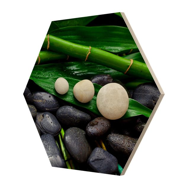 Hexagon Bild Holz - Grüner Bambus mit Zen Steinen