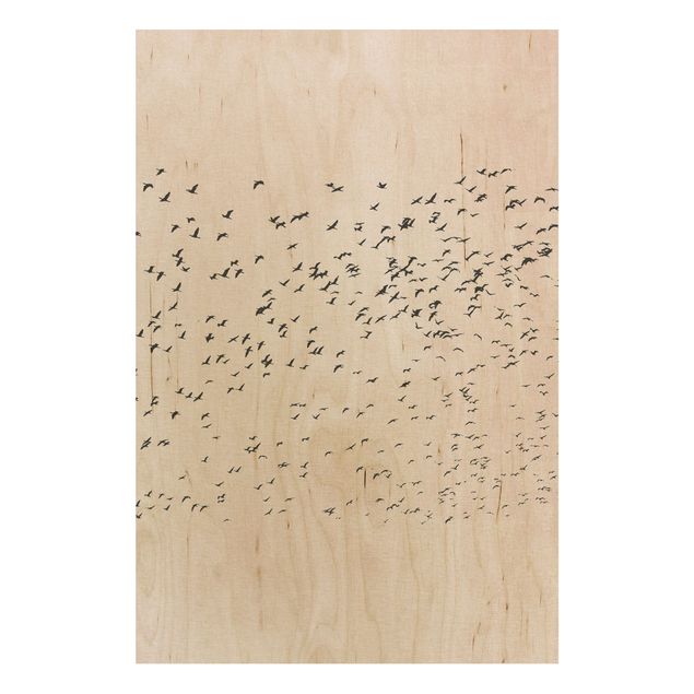 Moderne Holzbilder Vogelschwarm im Sonnenuntergang