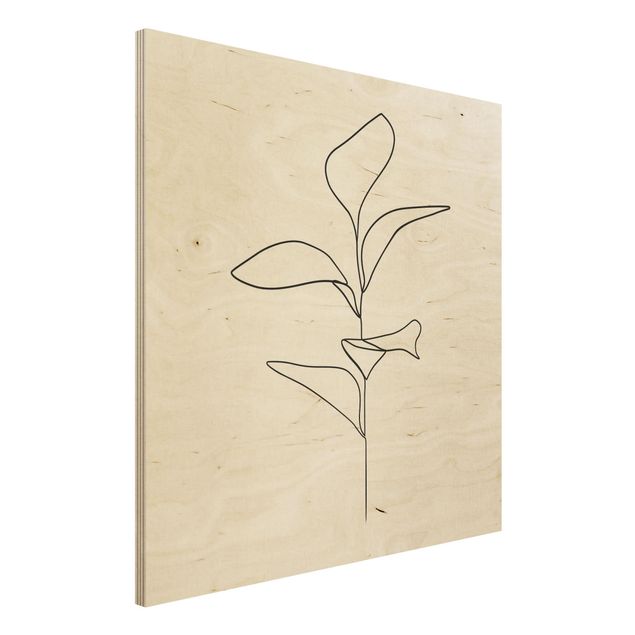 Holzbild - Line Art Pflanze Blätter Schwarz Weiß - Quadrat 1:1