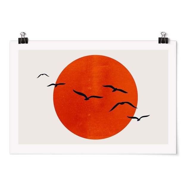 Tiere Poster Vogelschwarm vor roter Sonne I