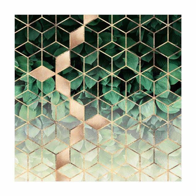 3D Teppich Grüne Blätter goldene Geometrie