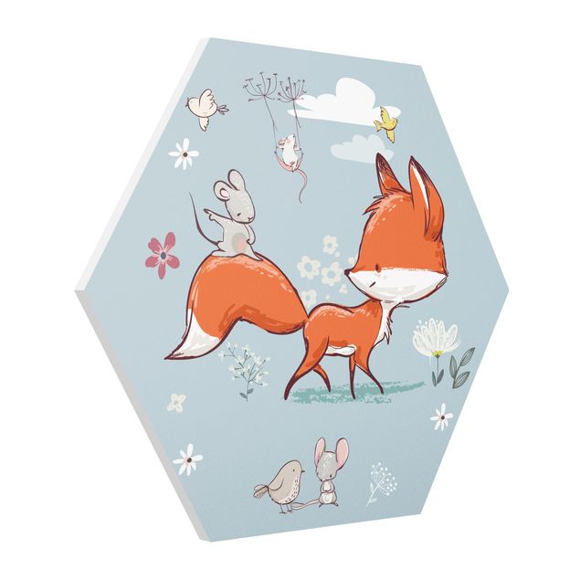 Hexagon Wandbilder Fuchs und Maus auf Wanderschaft