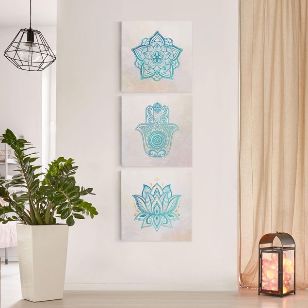 Wandbild Muster Mandala Hamsa Hand Lotus Set gold blau