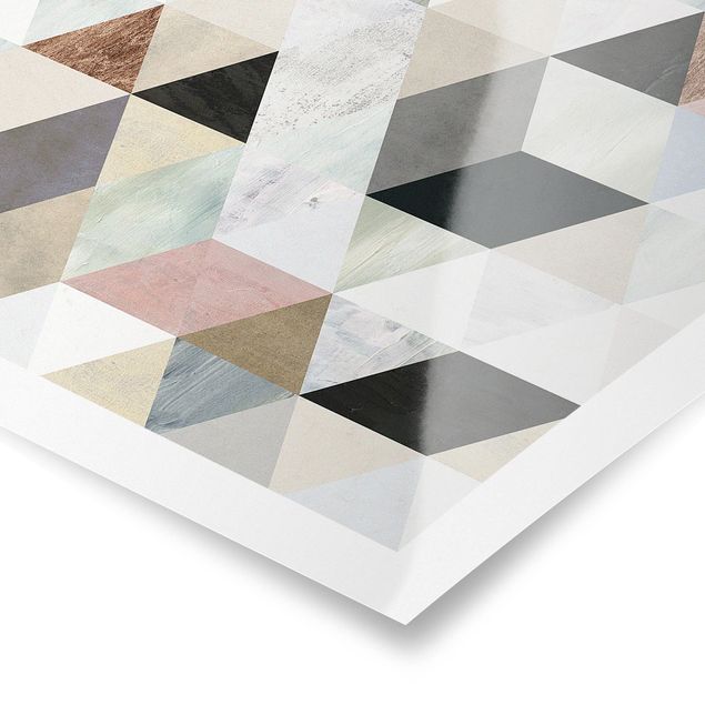 Poster - Aquarell-Mosaik mit Dreiecken I - Quadrat 1:1