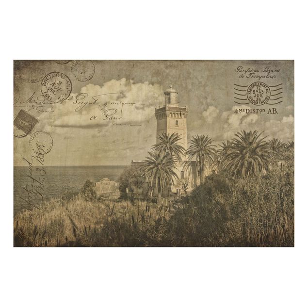 Holzbild maritim Vintage Postkarte mit Leuchtturm und Palmen