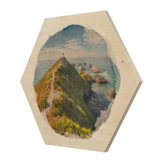 Hexagon Bild Holz - Wasserfarben - Nugget Point Leuchtturm und Meer Neuseeland