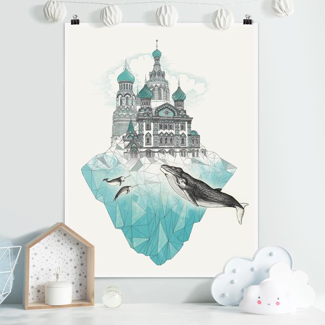 Poster Kinderzimmer Tiere Illustration Kirche mit Kuppeln und Wal