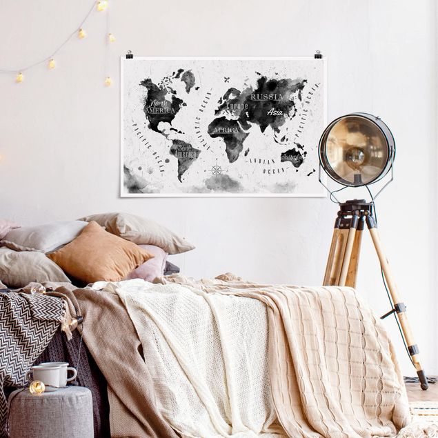 Wandposter Schwarz-Weiß Weltkarte Aquarell schwarz