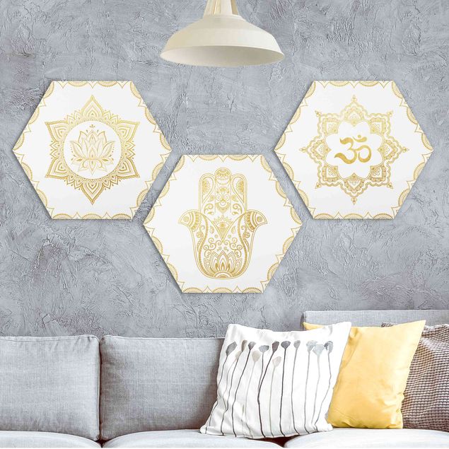 Hexagon Bild Forex 3-teilig - Hamsa Hand Lotus OM Illustration Set Gold