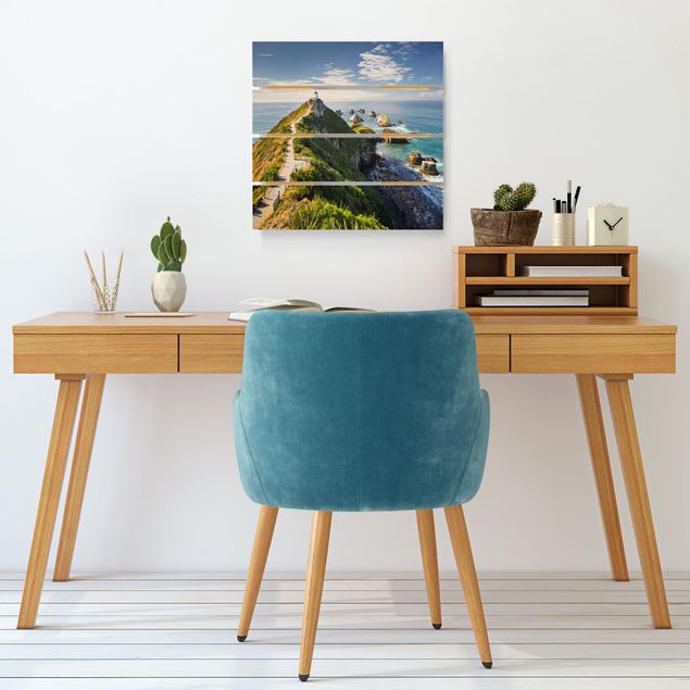 Holzbilder modern Nugget Point Leuchtturm und Meer Neuseeland