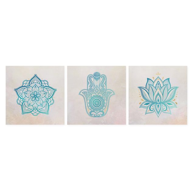 Bilder auf Leinwand Mandala Hamsa Hand Lotus Set gold blau