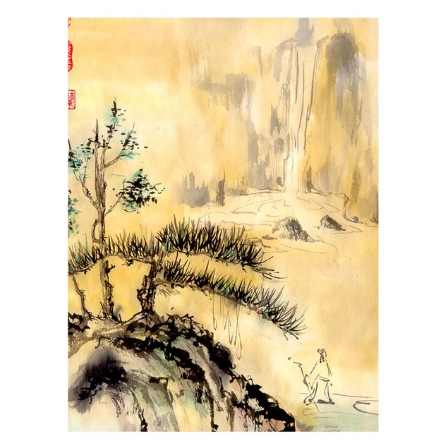 Wandbilder Japanische Aquarell Zeichnung Zedern und Berge