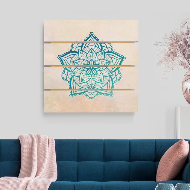 Holzbilder modern Mandala Hamsa Hand Lotus Set gold blau
