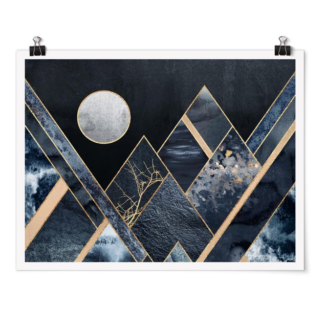 Poster - Goldener Mond abstrakte schwarze Berge - Querformat 3:4