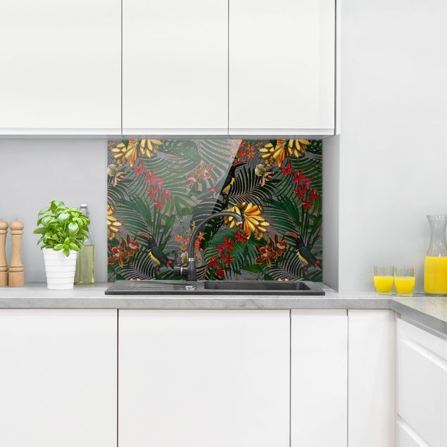 Küchenrückwand Glas Blumen Tropische Farne mit Tucan Grün