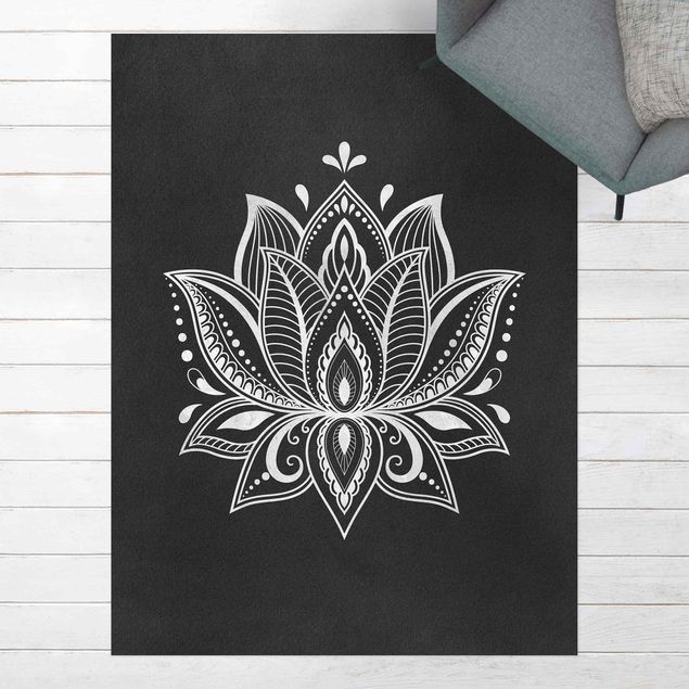 outdoor-teppich wetterfest Lotus Illustration weiß schwarz