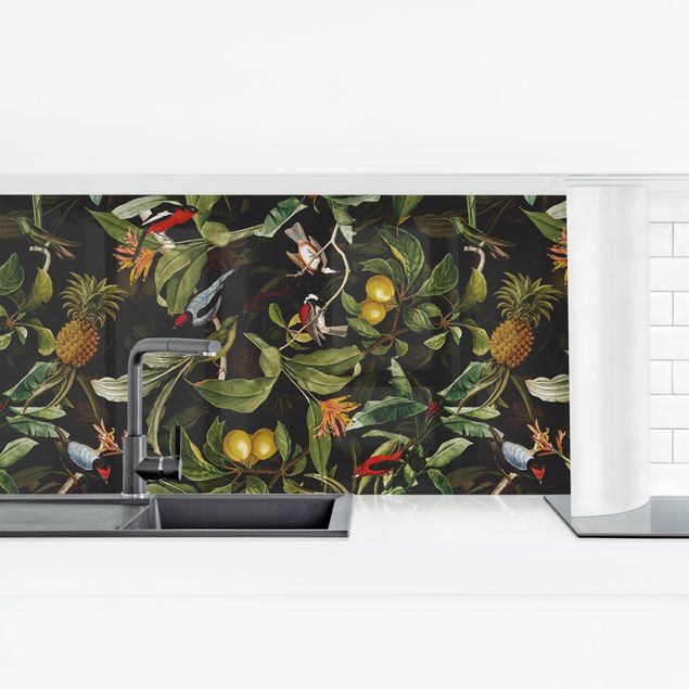 Küchenrückwand Glas Motiv Blumen Vögel mit Ananas Grün I