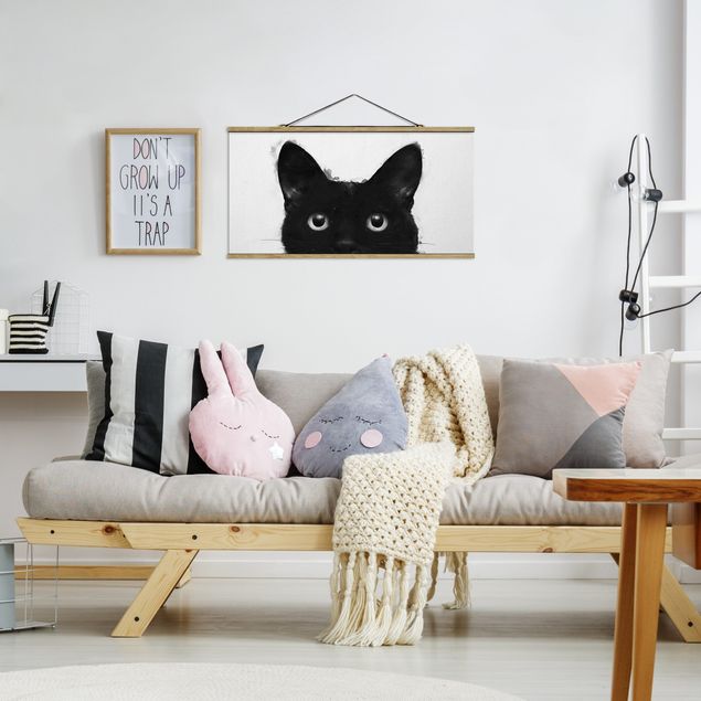 Stoffbilder mit Holzleisten Illustration Schwarze Katze auf Weiß Malerei