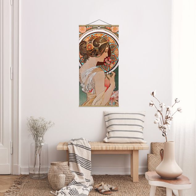 Stoffbild mit Posterleisten - Alfons Mucha - Schlüsselblume - Hochformat 1:2
