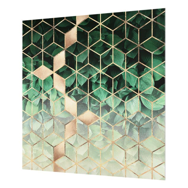 Glas Spritzschutz - Grüne Blätter goldene Geometrie - Quadrat - 1:1