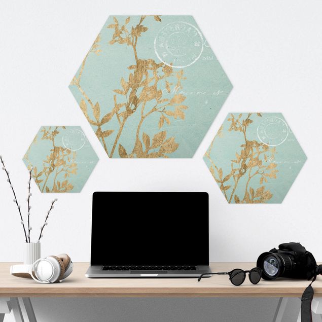 Hexagon Bild Forex - Goldene Blätter auf Turquoise I