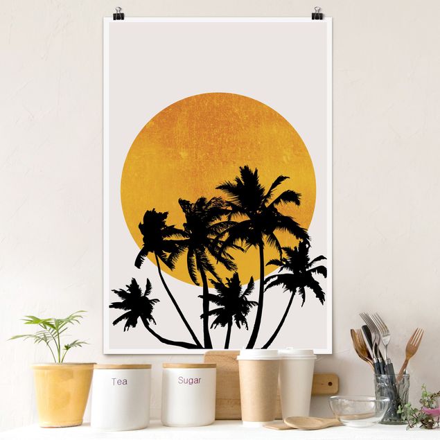 Poster Illustration Palmen vor goldener Sonne