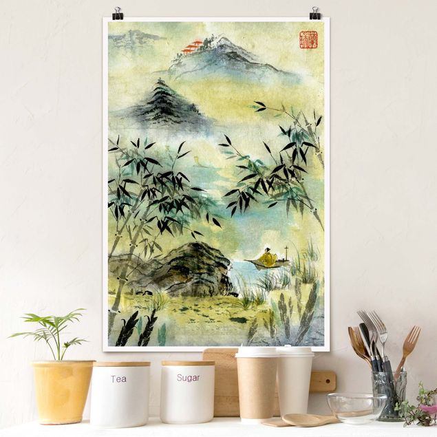 Kunstkopie Poster Japanische Aquarell Zeichnung Bambuswald