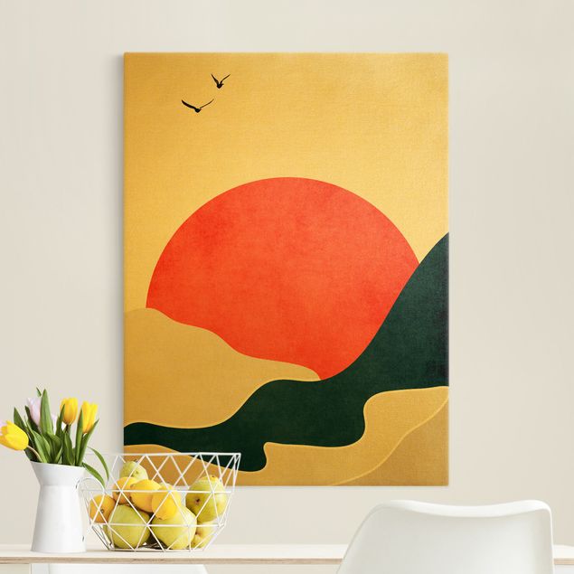 Wandbilder Vögel Berge in rotem Sonnenuntergang
