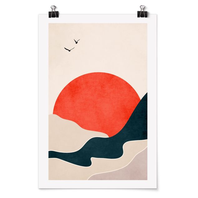 Poster abstrakte Kunst Berge in rotem Sonnenuntergang
